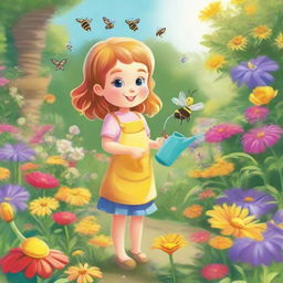 Cheerful little girl named Lily joyfully watering bountiful plants in a vibrant, sunshine-soaked garden, abundant with colorful flowers and buzzing bees.