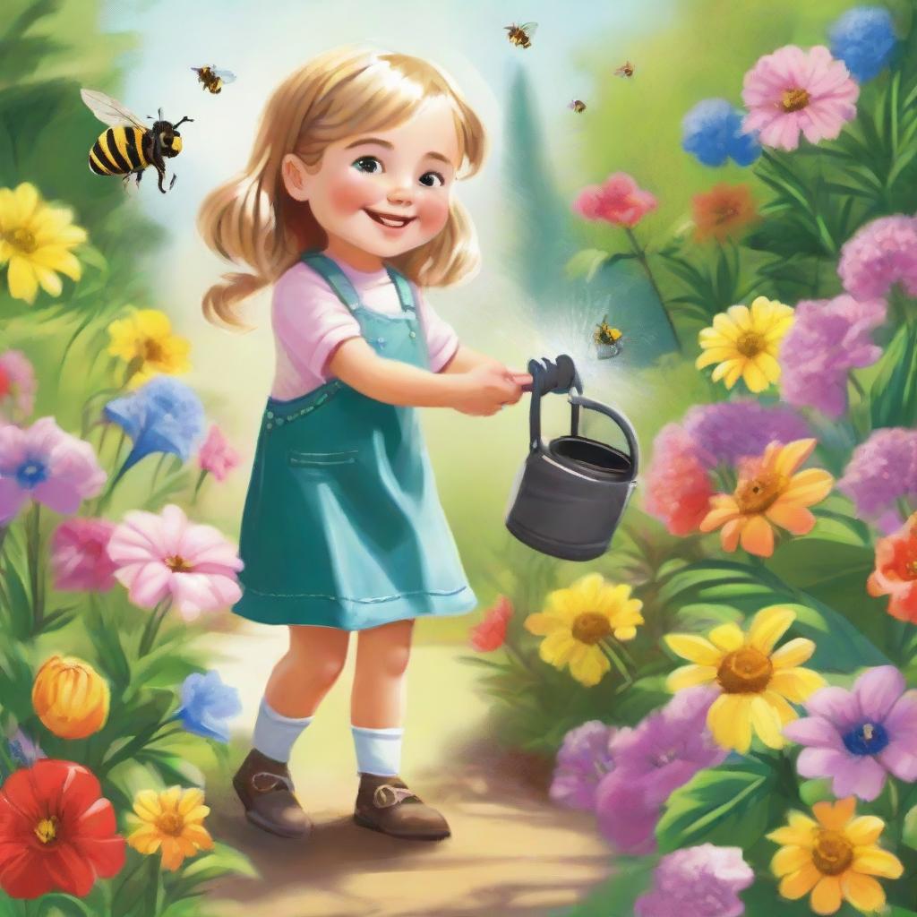 Cheerful little girl named Lily joyfully watering bountiful plants in a vibrant, sunshine-soaked garden, abundant with colorful flowers and buzzing bees.