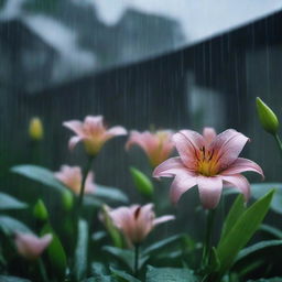 A dark rainstorm sweeps over Lily's once sunlit garden. Raindrops fall with increasing intensity as Lily frowns, concerned for her vulnerable flowers.