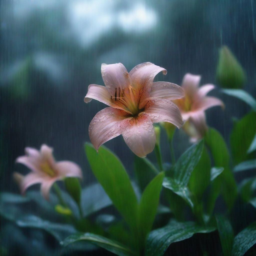 A dark rainstorm sweeps over Lily's once sunlit garden. Raindrops fall with increasing intensity as Lily frowns, concerned for her vulnerable flowers.