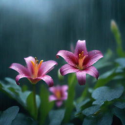 A dark rainstorm sweeps over Lily's once sunlit garden. Raindrops fall with increasing intensity as Lily frowns, concerned for her vulnerable flowers.