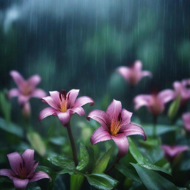 A dark rainstorm sweeps over Lily's once sunlit garden. Raindrops fall with increasing intensity as Lily frowns, concerned for her vulnerable flowers.