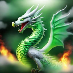 An Oriental white dragon emitting a burst of vibrant green fire.