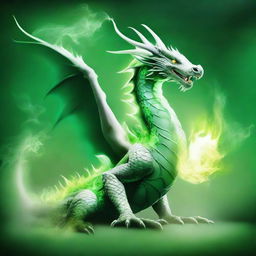 An Oriental white dragon emitting a burst of vibrant green fire.