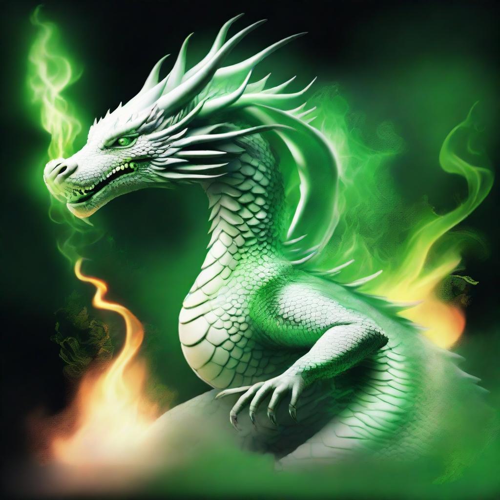 An Oriental white dragon emitting a burst of vibrant green fire.