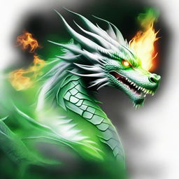 An Oriental white dragon emitting a burst of vibrant green fire.