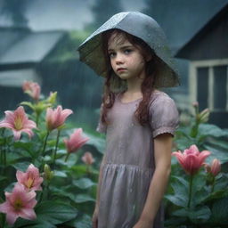 Lily stands amid her garden, frowning in worry as her precious flowers are subject to a sudden heavy downpour from thick dark rainclouds overhead.