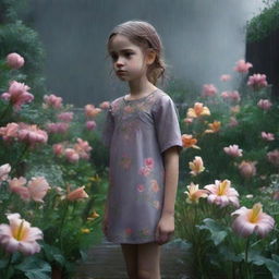 Lily stands amid her garden, frowning in worry as her precious flowers are subject to a sudden heavy downpour from thick dark rainclouds overhead.