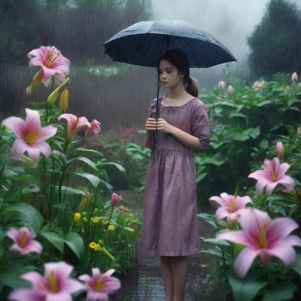 Lily stands amid her garden, frowning in worry as her precious flowers are subject to a sudden heavy downpour from thick dark rainclouds overhead.