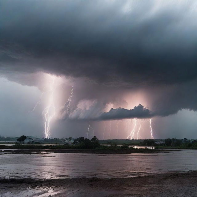 A powerful rainstorm with dark, looming clouds and intense downpours drenching the earth