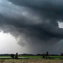 A powerful rainstorm with dark, looming clouds and intense downpours drenching the earth