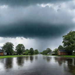 A dramatic scene showing a heavy rainstorm; ominous, thick clouds covering the sky and overpowering downpours soaking the scene.