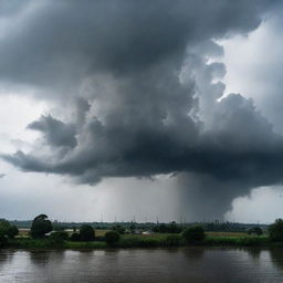 A dramatic scene showing a heavy rainstorm; ominous, thick clouds covering the sky and overpowering downpours soaking the scene.