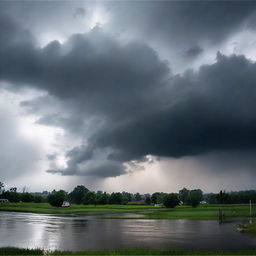 A dramatic scene showing a heavy rainstorm; ominous, thick clouds covering the sky and overpowering downpours soaking the scene.