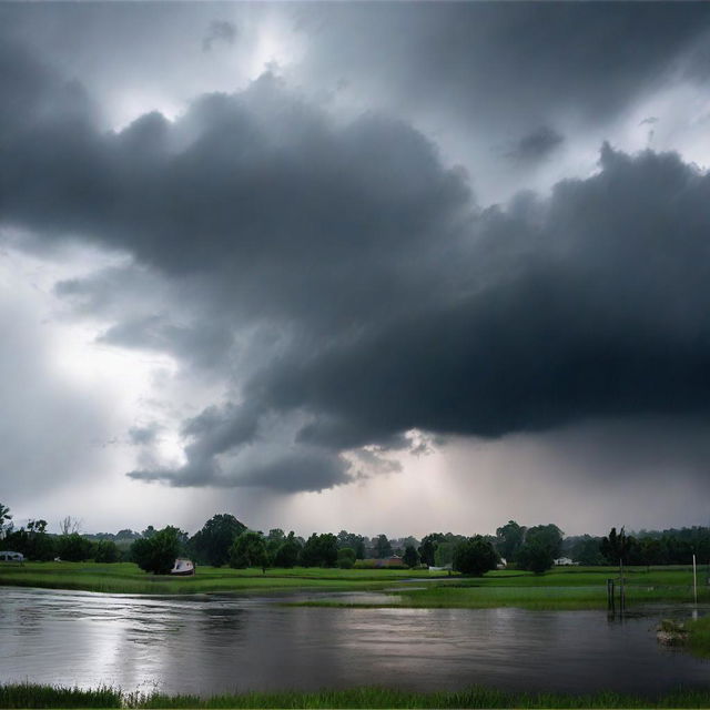 A dramatic scene showing a heavy rainstorm; ominous, thick clouds covering the sky and overpowering downpours soaking the scene.