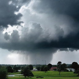 A dramatic scene showing a heavy rainstorm; ominous, thick clouds covering the sky and overpowering downpours soaking the scene.