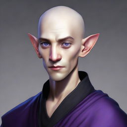 A young half-elf monk, aged 25, with shaved hair, thin beard, and violet eyes. He is attired in black monastic clothes.