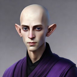 A young half-elf monk, aged 25, with shaved hair, thin beard, and violet eyes. He is attired in black monastic clothes.