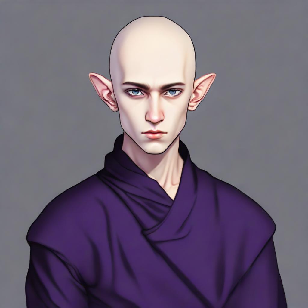 A young half-elf monk, aged 25, with shaved hair, thin beard, and violet eyes. He is attired in black monastic clothes.