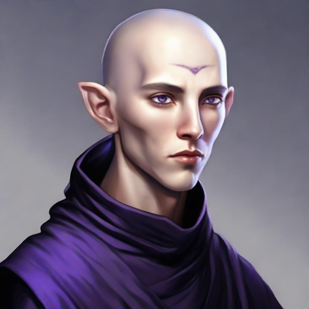 A young half-elf monk, aged 25, with shaved hair, thin beard, and violet eyes. He is attired in black monastic clothes.