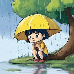 Depict a scene where Lily takes refuge under a tree during a heavy rainstorm with a personality-filled, grumpy old raindrop bouncing onto her hand.