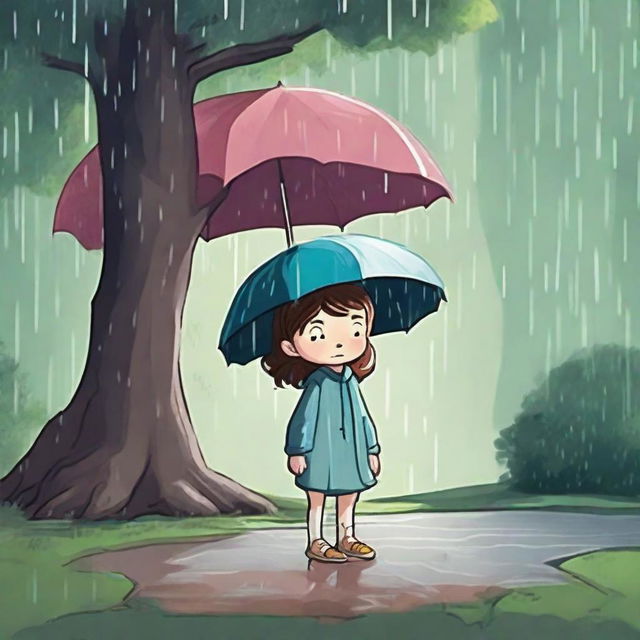 Depict a scene where Lily takes refuge under a tree during a heavy rainstorm with a personality-filled, grumpy old raindrop bouncing onto her hand.