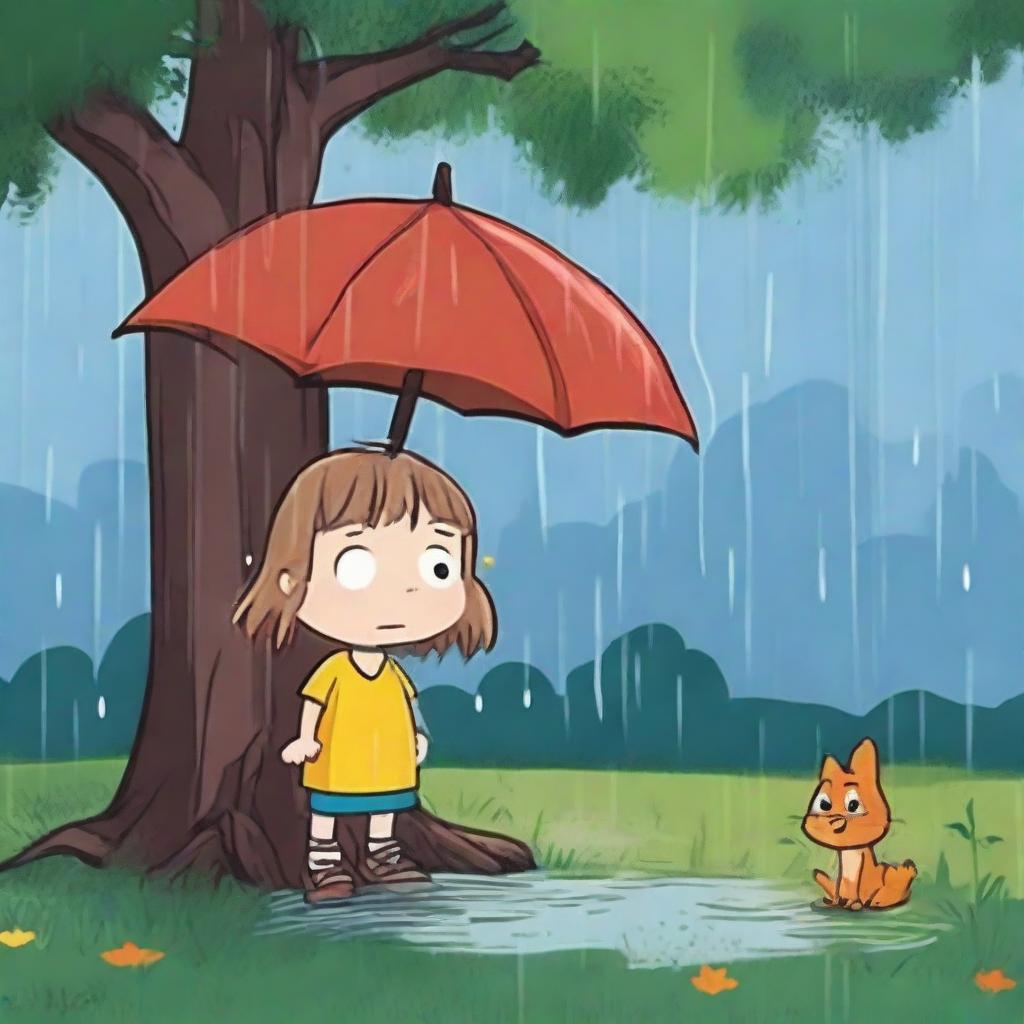 Depict a scene where Lily takes refuge under a tree during a heavy rainstorm with a personality-filled, grumpy old raindrop bouncing onto her hand.