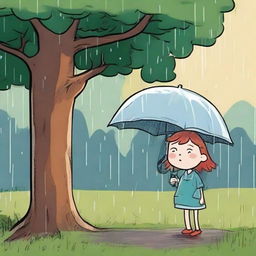 Depict a scene where Lily takes refuge under a tree during a heavy rainstorm with a personality-filled, grumpy old raindrop bouncing onto her hand.