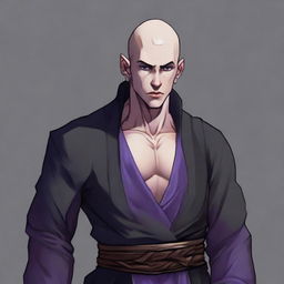 A muscular young male half-elf monk, aged 25, with shaved hair and thin beard, arrayed in black monastic clothes. His only distinguishing feature is his violet eyes. The style is RPG art.