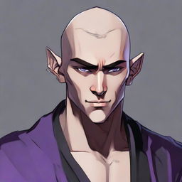 A muscular young male half-elf monk, aged 25, with shaved hair and thin beard, arrayed in black monastic clothes. His only distinguishing feature is his violet eyes. The style is RPG art.