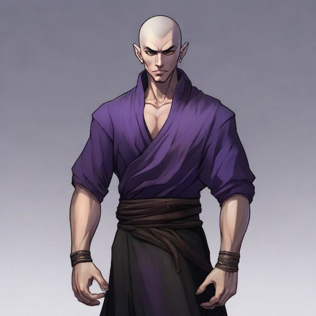 A muscular young male half-elf monk, aged 25, with shaved hair and thin beard, arrayed in black monastic clothes. His only distinguishing feature is his violet eyes. The style is RPG art.