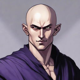 A muscular young male half-elf monk, aged 25, with shaved hair and thin beard, arrayed in black monastic clothes. His only distinguishing feature is his violet eyes. The style is RPG art.