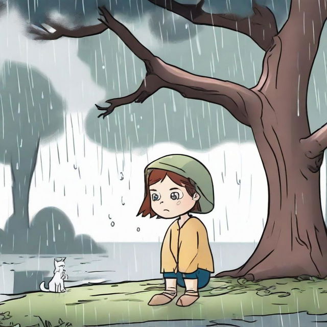 Visualize Lily under a tree during a downpour, while a grumpy, anthropomorphized raindrop with a furrowed brow lands on her hand, asking her about her saddened expression.