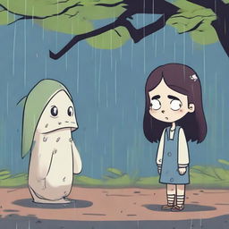 Visualize Lily under a tree during a downpour, while a grumpy, anthropomorphized raindrop with a furrowed brow lands on her hand, asking her about her saddened expression.