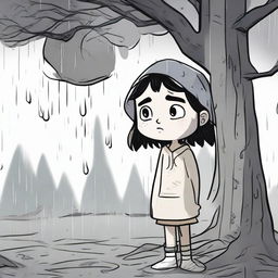 Visualize Lily under a tree during a downpour, while a grumpy, anthropomorphized raindrop with a furrowed brow lands on her hand, asking her about her saddened expression.