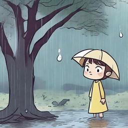 Visualize Lily under a tree during a downpour, while a grumpy, anthropomorphized raindrop with a furrowed brow lands on her hand, asking her about her saddened expression.