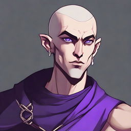 A muscular young male half-elf monk, approximately 25 years old, with shaved hair, thin beard, and striking violet eyes. He is adorned in pitch-black monastic clothes. The style is RPG art.