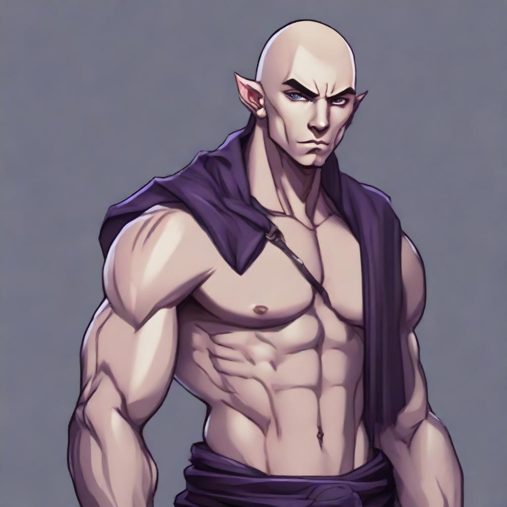 A muscular young male half-elf monk, approximately 25 years old, with shaved hair, thin beard, and striking violet eyes. He is adorned in pitch-black monastic clothes. The style is RPG art.