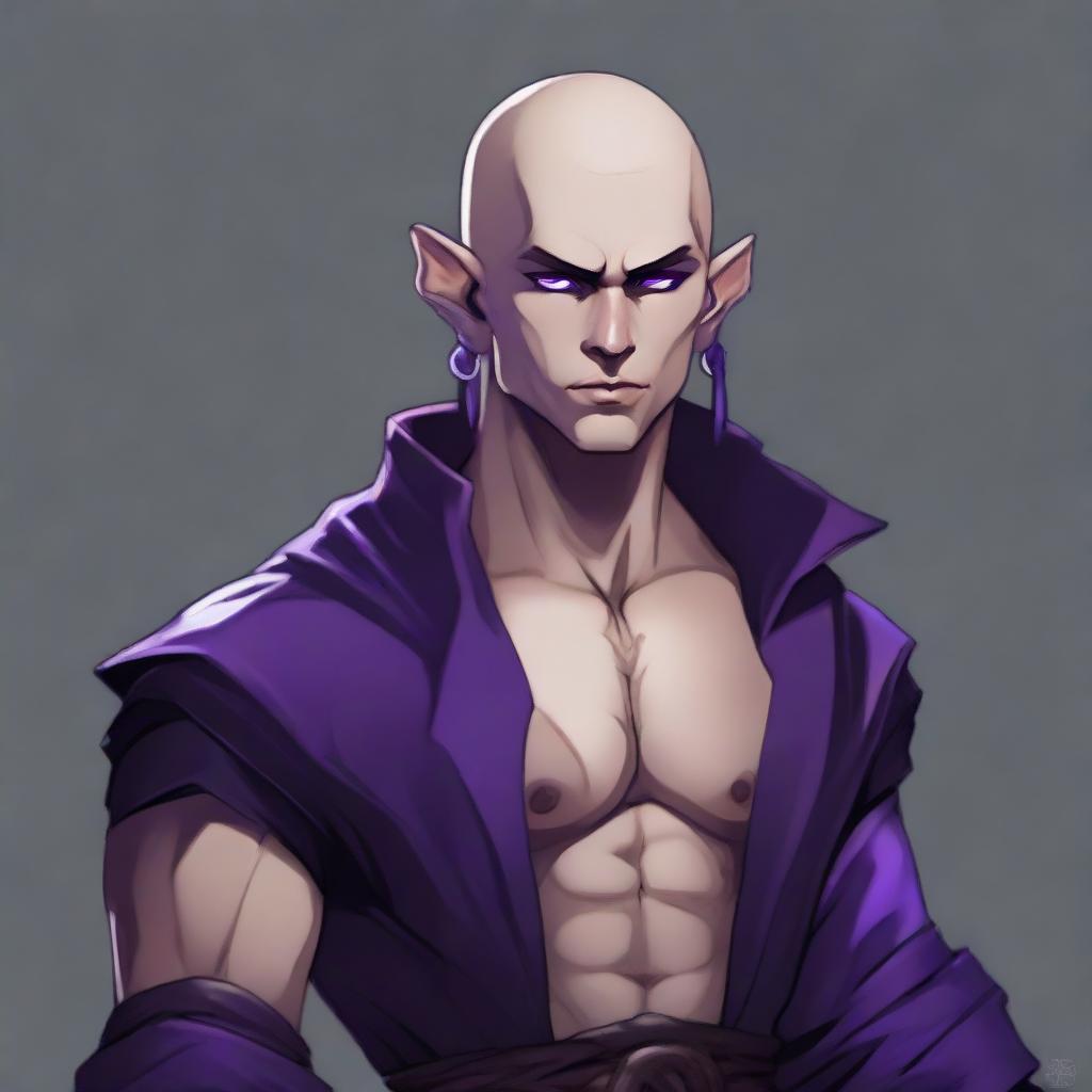 A muscular young male half-elf monk, approximately 25 years old, with shaved hair, thin beard, and striking violet eyes. He is adorned in pitch-black monastic clothes. The style is RPG art.