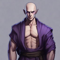 A muscular young male half-elf monk, approximately 25 years old, with shaved hair, thin beard, and striking violet eyes. He is adorned in pitch-black monastic clothes. The style is RPG art.