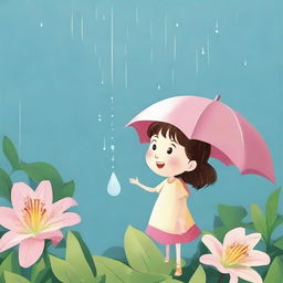 Illustrate Lily communicating her concern to the raindrop, which responds with a smile and an explanation of how his presence brings not only rain but also nourishment, essential for the flowers to grow strong and beautiful.