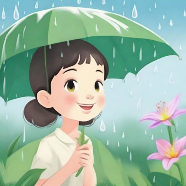 Illustrate Lily communicating her concern to the raindrop, which responds with a smile and an explanation of how his presence brings not only rain but also nourishment, essential for the flowers to grow strong and beautiful.