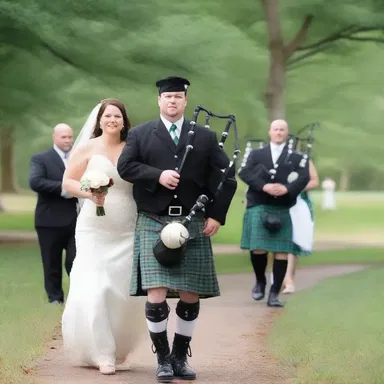 During the wedding ceremony, the bagpiper skirled the bagpipes as the couple walked down the aisle.