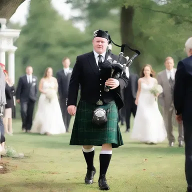 During the wedding ceremony, the bagpiper skirled the bagpipes as the couple walked down the aisle.