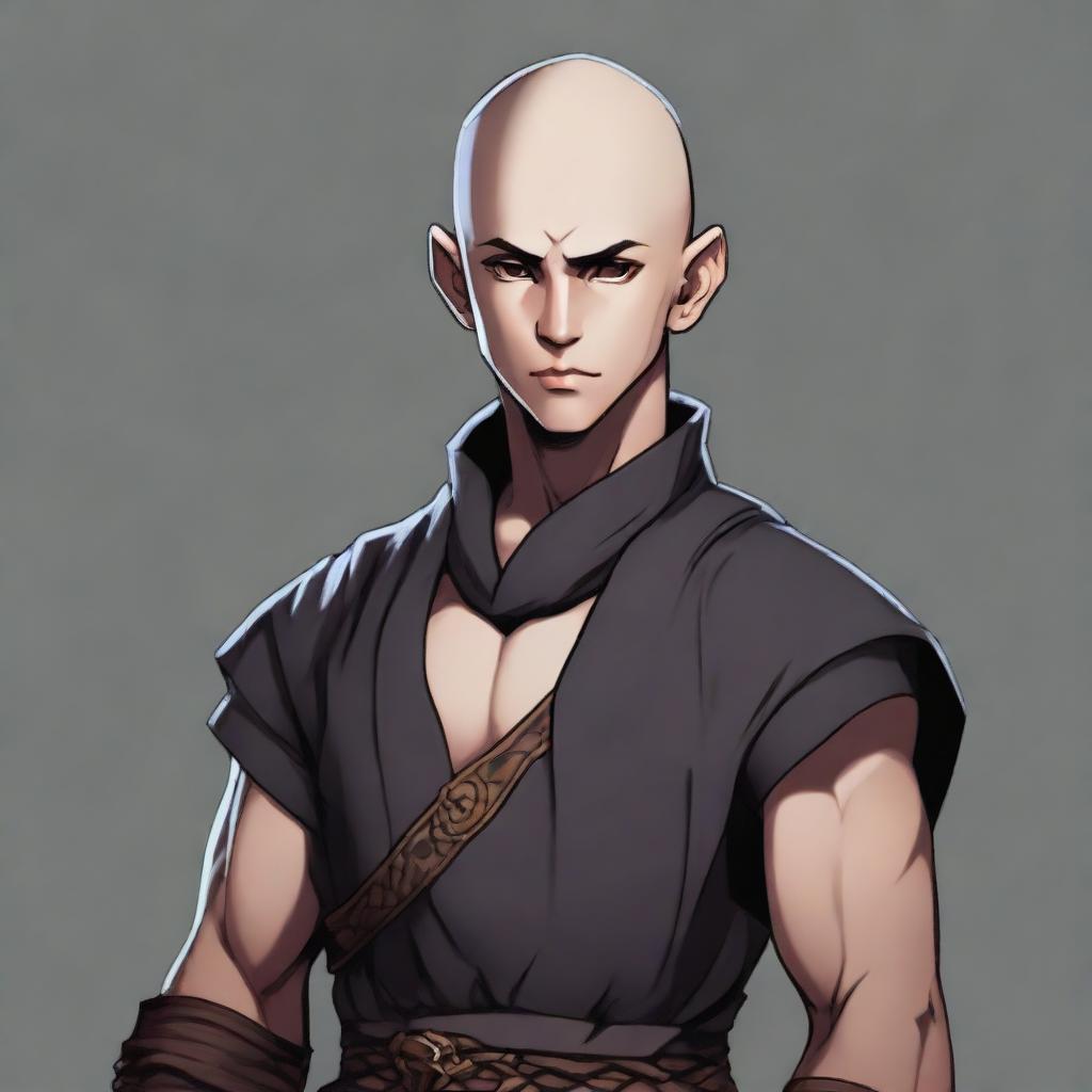 A young, muscular male half-elf monk, around 25 years old, with shaved hair and a thin beard. Dressed in deep-black monastic clothes, the character is depicted in RPG art style.