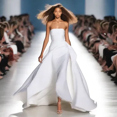 The wind made the model's dress skirl as she walked down the runway.