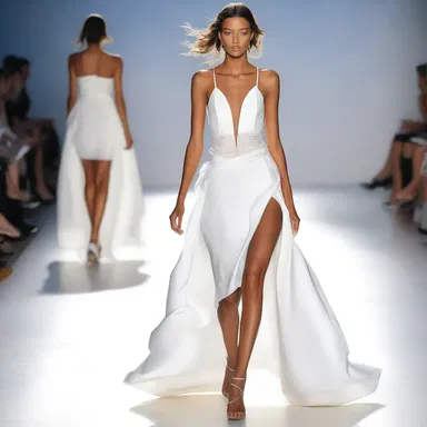The wind made the model's dress skirl as she walked down the runway.