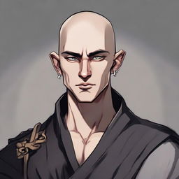 A young, muscular male half-elf monk, around 25 years old, with shaved hair and a thin beard. Dressed in deep-black monastic clothes, the character is depicted in RPG art style.