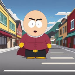 A high-quality digital art image of Saitama from 'One Punch Man' reimagined as a character in the 'South Park' animation style, complete with the show's trademark round head and small eyes, set in the iconic town of South Park