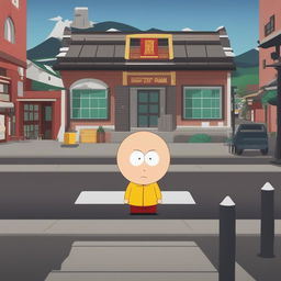 A high-quality digital art image of Saitama from 'One Punch Man' reimagined as a character in the 'South Park' animation style, complete with the show's trademark round head and small eyes, set in the iconic town of South Park